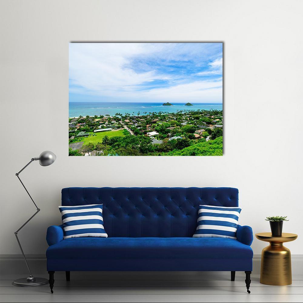 Lanikai Beach With City Canvas Wall Art-1 Piece-Gallery Wrap-48" x 32"-Tiaracle