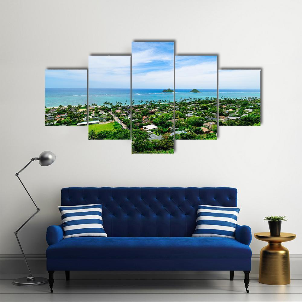 Lanikai Beach With City Canvas Wall Art-5 Star-Gallery Wrap-62" x 32"-Tiaracle