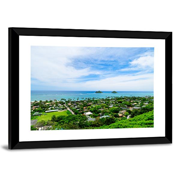 Lanikai Beach With City Canvas Wall Art-3 Horizontal-Gallery Wrap-25" x 16"-Tiaracle