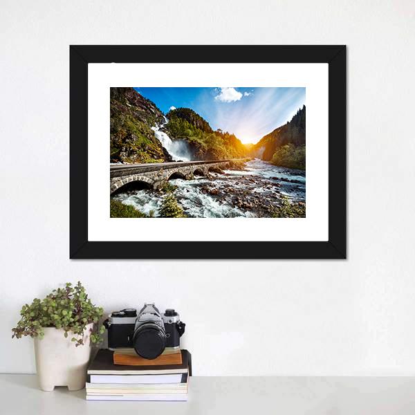 Latefossen Waterfall Canvas Wall Art-1 Piece-Framed Print-30" x 20"-Tiaracle