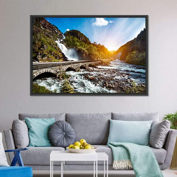 Latefossen Waterfall Canvas Wall Art-3 Horizontal-Gallery Wrap-25" x 16"-Tiaracle