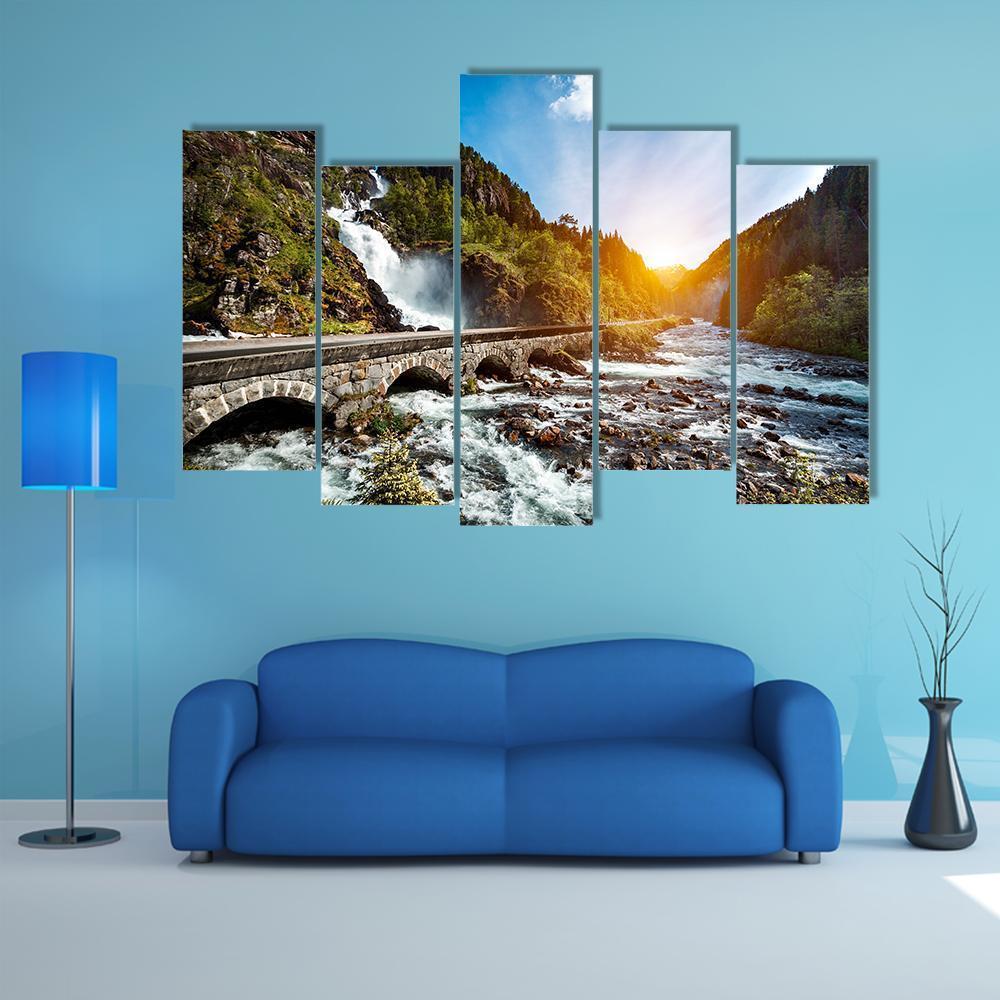 Latefossen Waterfall Canvas Wall Art-5 Pop-Gallery Wrap-47" x 32"-Tiaracle