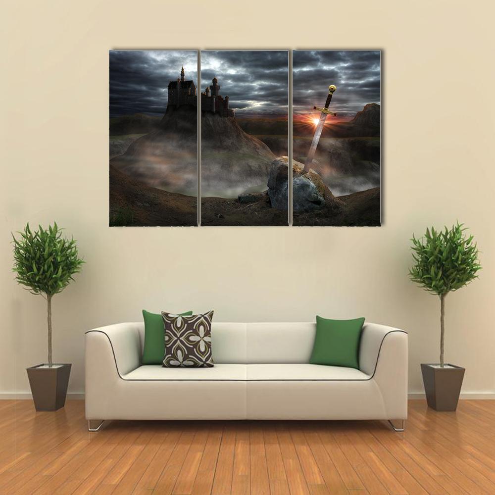 Legendary Castle With Sword Canvas Wall Art-3 Horizontal-Gallery Wrap-25" x 16"-Tiaracle