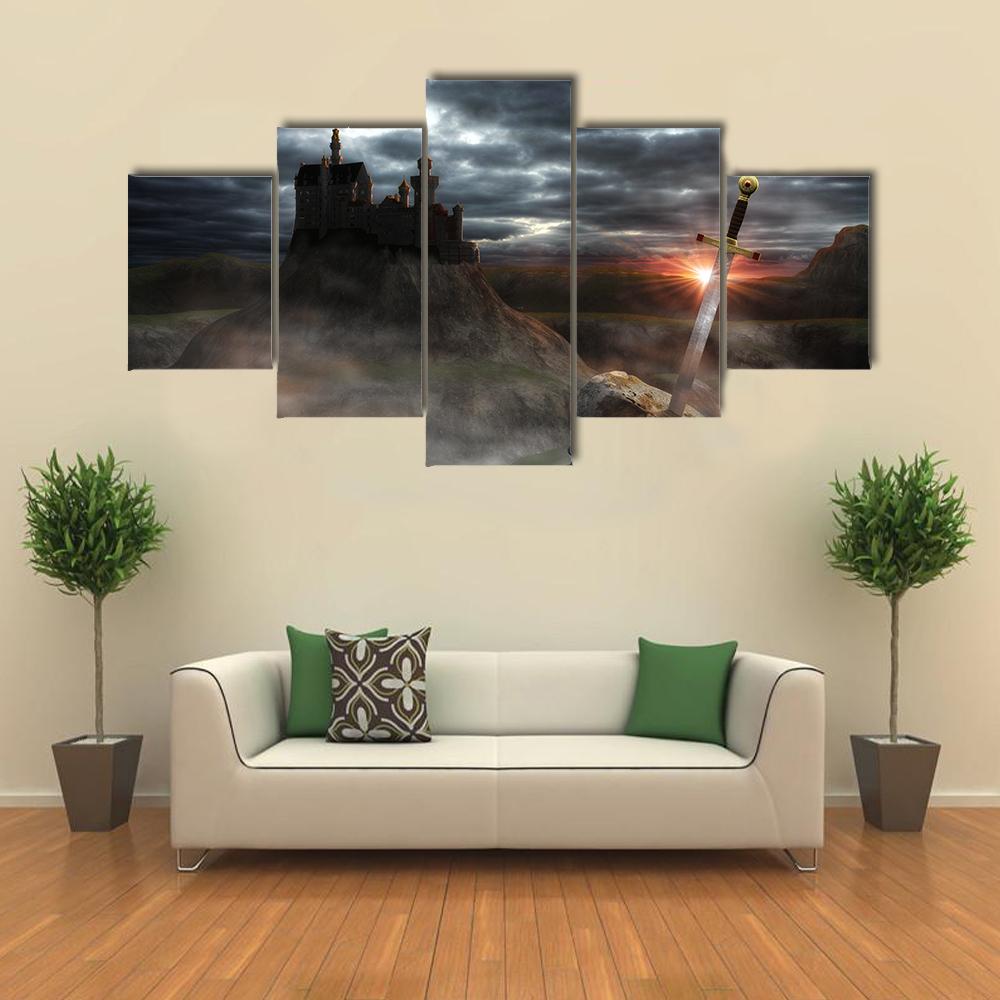 Legendary Castle With Sword Canvas Wall Art-5 Star-Gallery Wrap-42" x 21"-Tiaracle