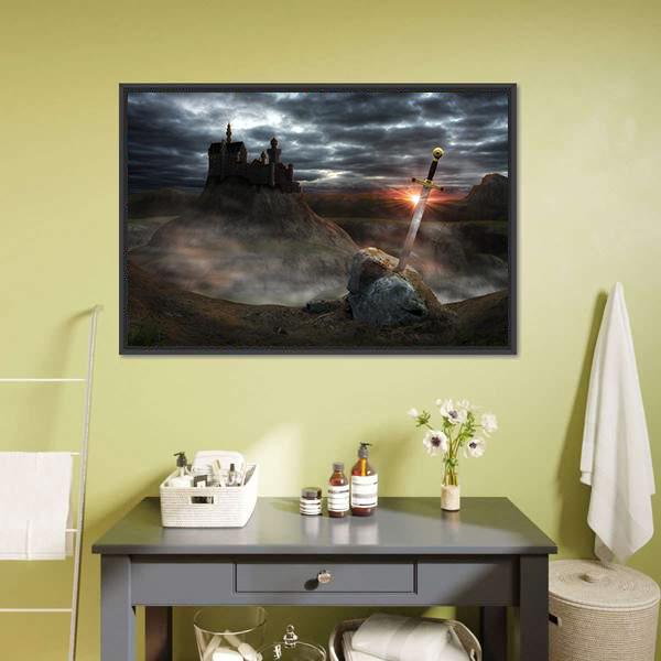 Legendary Castle With Sword Canvas Wall Art-1 Piece-Floating Frame-24" x 16"-Tiaracle