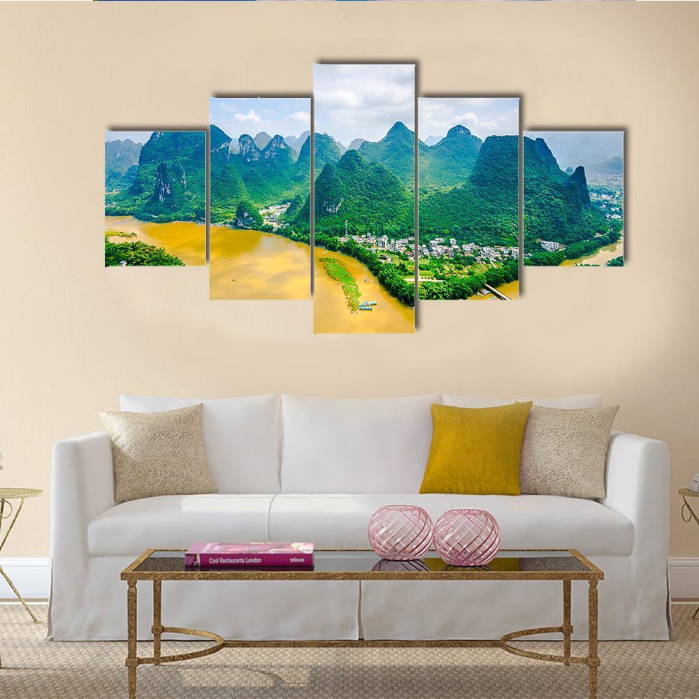 Li River In Rural Guilin Canvas Wall Art-5 Star-Gallery Wrap-62" x 32"-Tiaracle