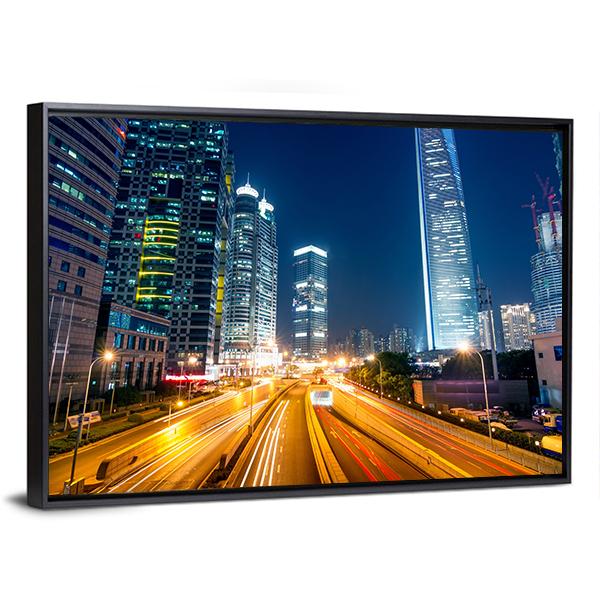 Light Trails On Street Shanghai Canvas Wall Art-3 Horizontal-Gallery Wrap-25" x 16"-Tiaracle