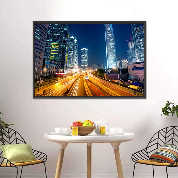 Light Trails On Street Shanghai Canvas Wall Art-3 Horizontal-Gallery Wrap-25" x 16"-Tiaracle