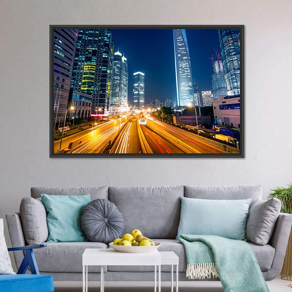 Light Trails On Street Shanghai Canvas Wall Art-3 Horizontal-Gallery Wrap-25" x 16"-Tiaracle