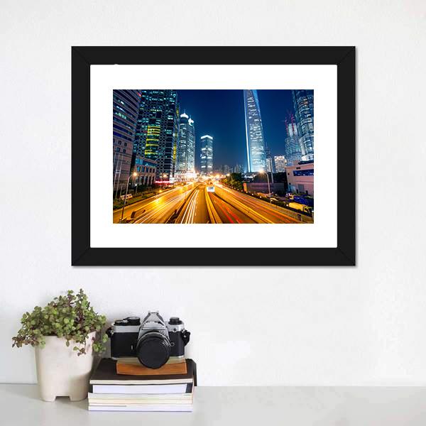 Light Trails On Street Shanghai Canvas Wall Art-1 Piece-Framed Print-20" x 16"-Tiaracle