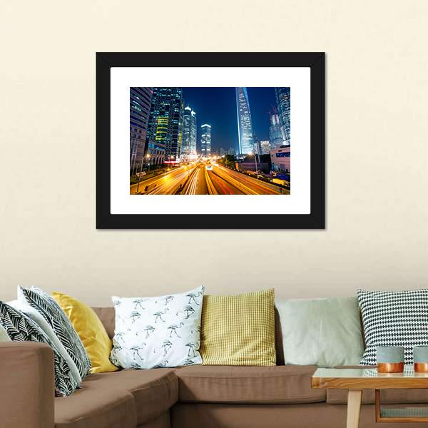 Light Trails On Street Shanghai Canvas Wall Art-3 Horizontal-Gallery Wrap-25" x 16"-Tiaracle