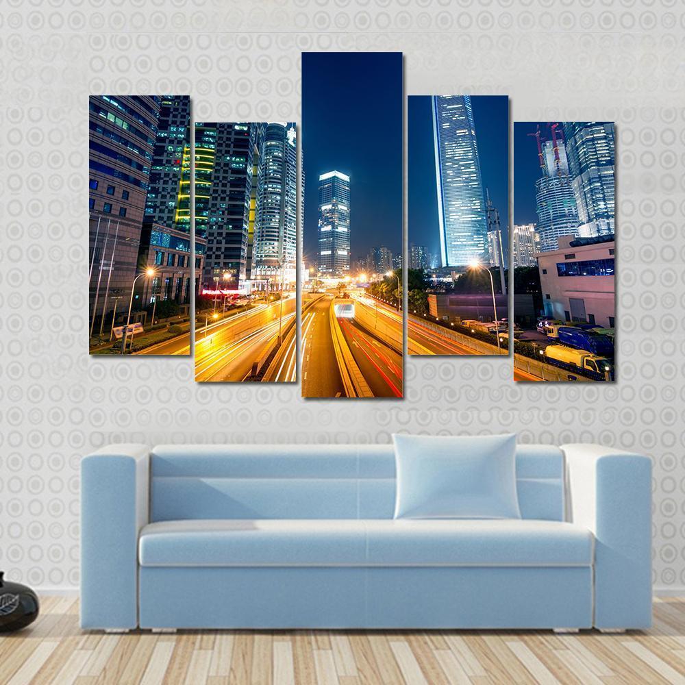 Light Trails On Street Shanghai Canvas Wall Art-5 Pop-Gallery Wrap-47" x 32"-Tiaracle