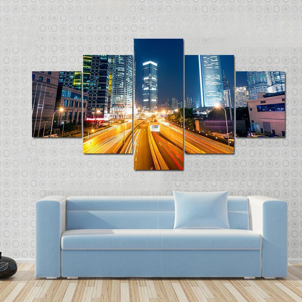 Light Trails On Street Shanghai Canvas Wall Art-5 Star-Gallery Wrap-62" x 32"-Tiaracle