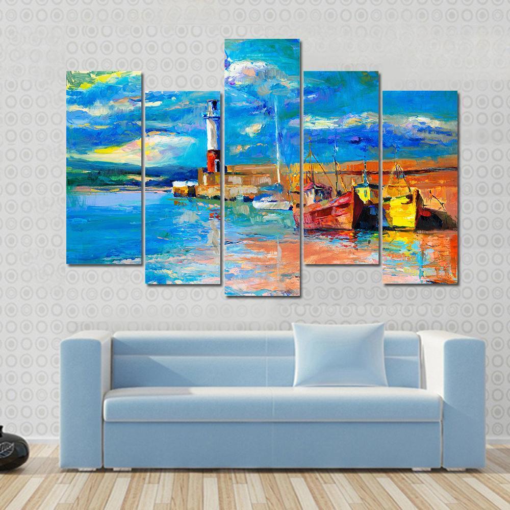 Lighthouse & Boats Abstract Canvas Wall Art-5 Pop-Gallery Wrap-47" x 32"-Tiaracle