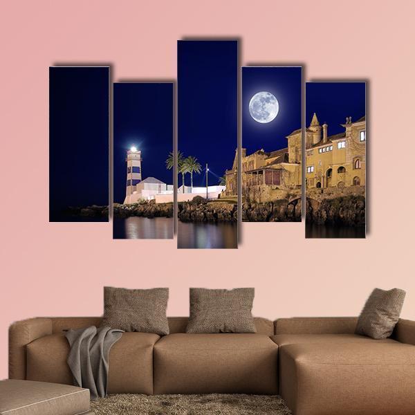 Lighthouse & House At Night Canvas Wall Art-5 Pop-Gallery Wrap-47" x 32"-Tiaracle