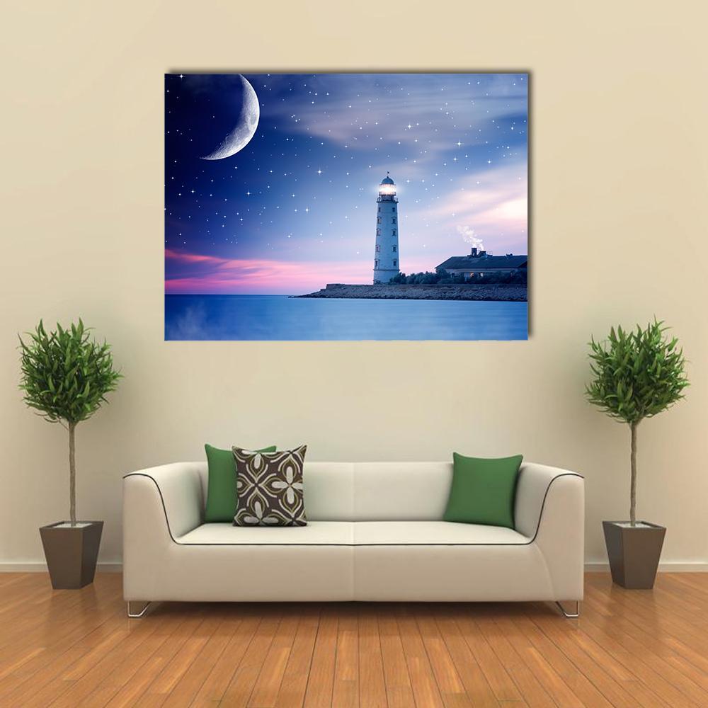 Lighthouse At Night Canvas Wall Art-1 Piece-Gallery Wrap-48" x 32"-Tiaracle