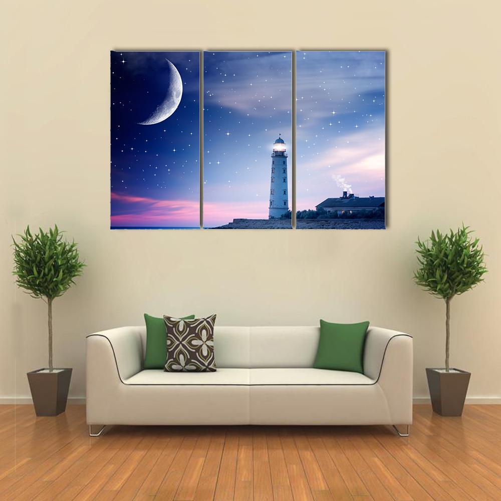 Lighthouse At Night Canvas Wall Art-3 Horizontal-Gallery Wrap-37" x 24"-Tiaracle