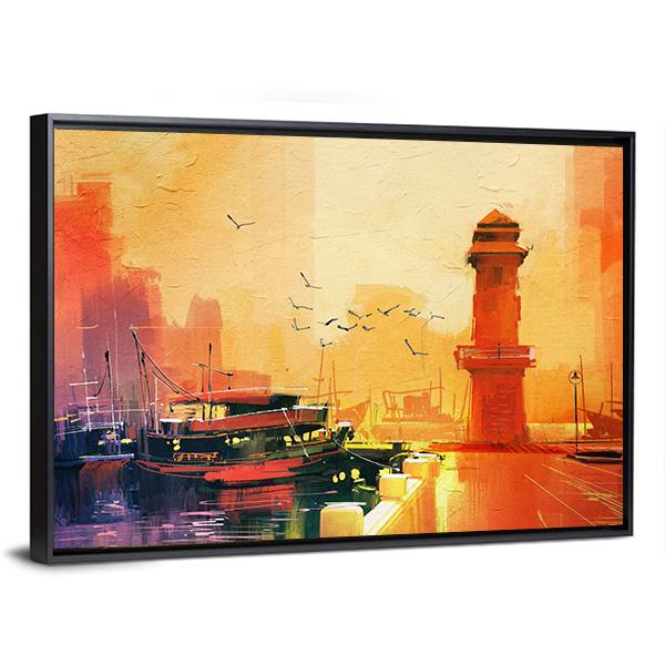 Lighthouse & Boat Canvas Wall Art-3 Horizontal-Gallery Wrap-25" x 16"-Tiaracle