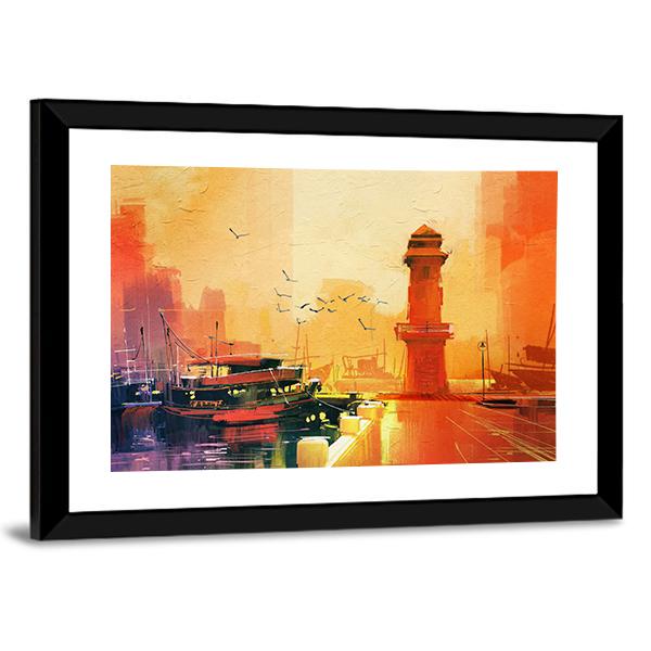 Lighthouse & Boat Canvas Wall Art-3 Horizontal-Gallery Wrap-25" x 16"-Tiaracle