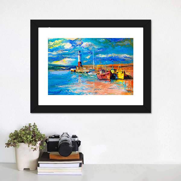 Lighthouse & Boats Abstract Canvas Wall Art-1 Piece-Framed Print-20" x 16"-Tiaracle
