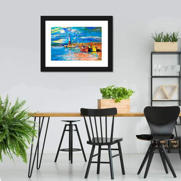 Lighthouse & Boats Abstract Canvas Wall Art-3 Horizontal-Gallery Wrap-25" x 16"-Tiaracle