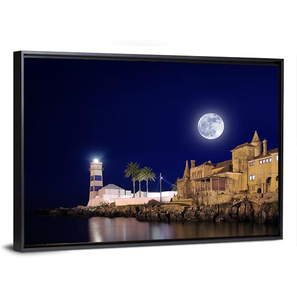 Lighthouse & House At Night Canvas Wall Art-3 Horizontal-Gallery Wrap-25" x 16"-Tiaracle