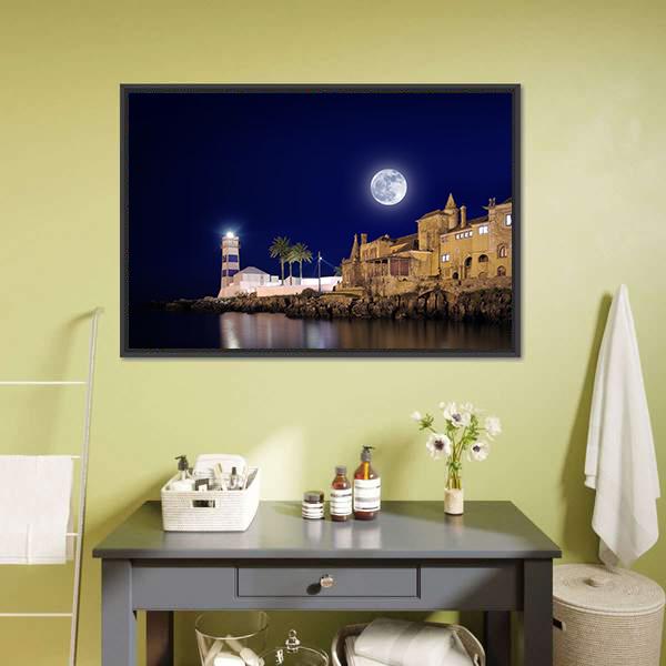 Lighthouse & House At Night Canvas Wall Art-1 Piece-Floating Frame-24" x 16"-Tiaracle