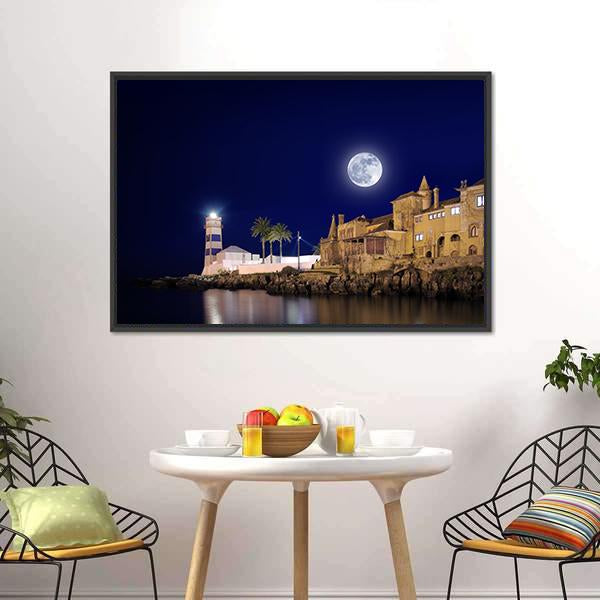 Lighthouse & House At Night Canvas Wall Art-3 Horizontal-Gallery Wrap-25" x 16"-Tiaracle