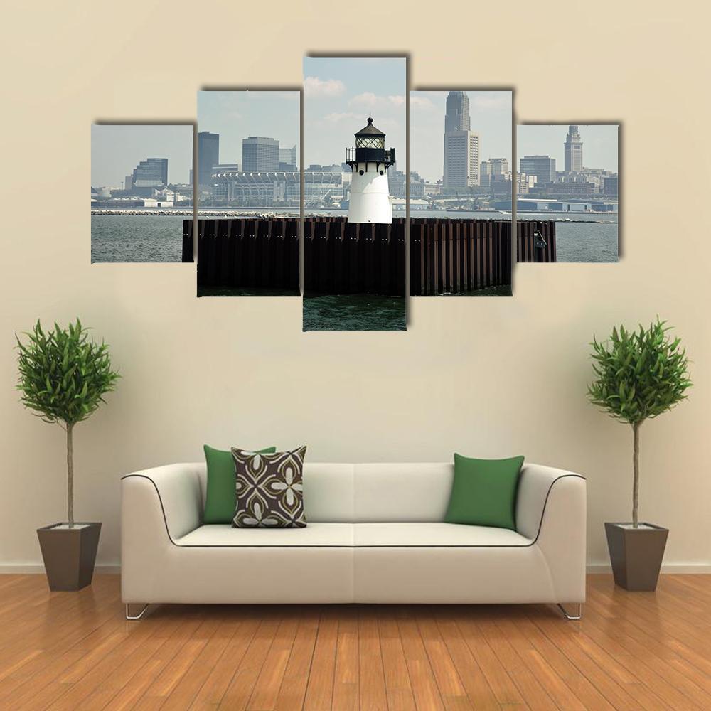 Lighthouse In Lake Canvas Wall Art-5 Star-Gallery Wrap-62" x 32"-Tiaracle
