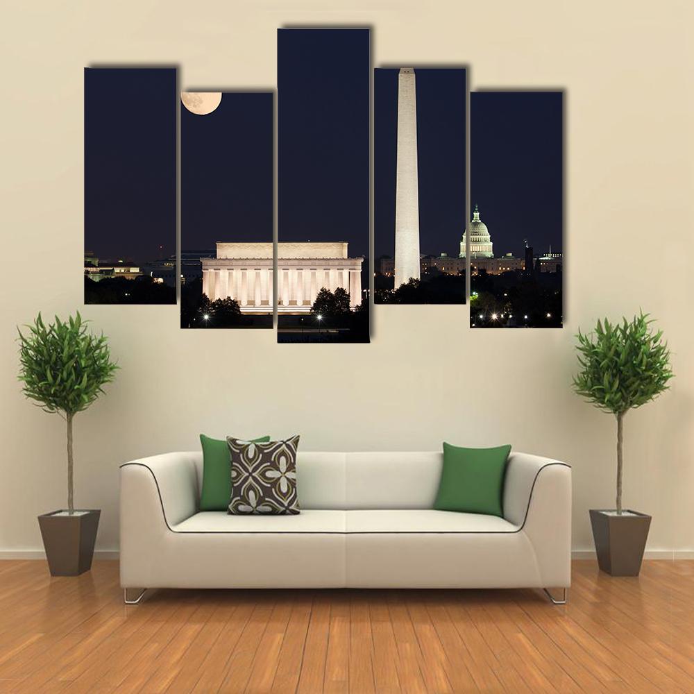 Full Moon Above Lincoln Memorial Canvas Wall Art-5 Pop-Gallery Wrap-47" x 32"-Tiaracle