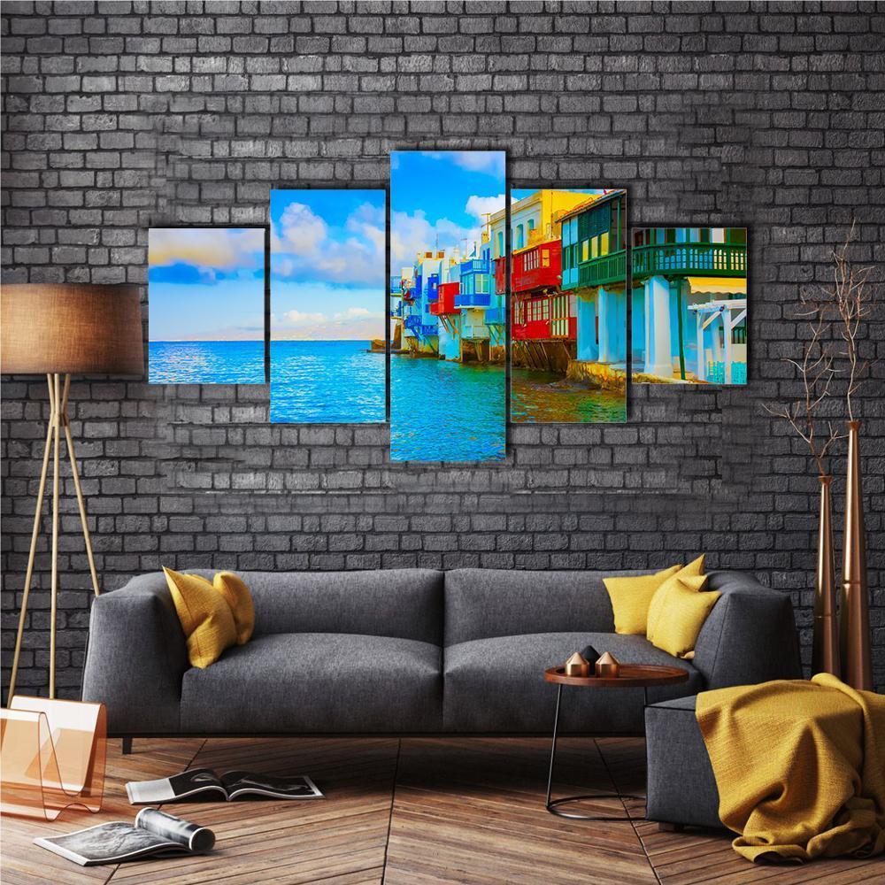 Little Venice In Mykonos Island Cyclades Canvas Wall Art-5 Star-Gallery Wrap-62" x 32"-Tiaracle