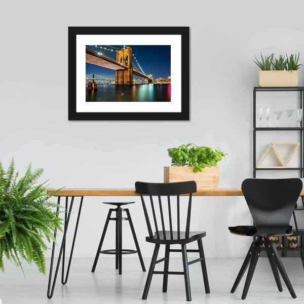 lluminated Brooklyn Bridge In Night Canvas Wall Art-3 Horizontal-Gallery Wrap-25" x 16"-Tiaracle