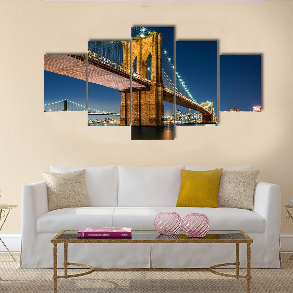 lluminated Brooklyn Bridge In Night Canvas Wall Art-5 Star-Gallery Wrap-62" x 32"-Tiaracle