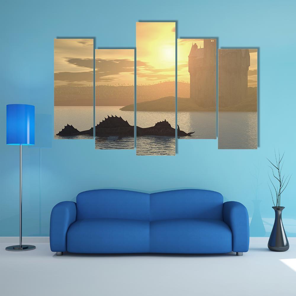 Loch Ness Monster & Castle Canvas Wall Art-5 Pop-Gallery Wrap-47" x 32"-Tiaracle