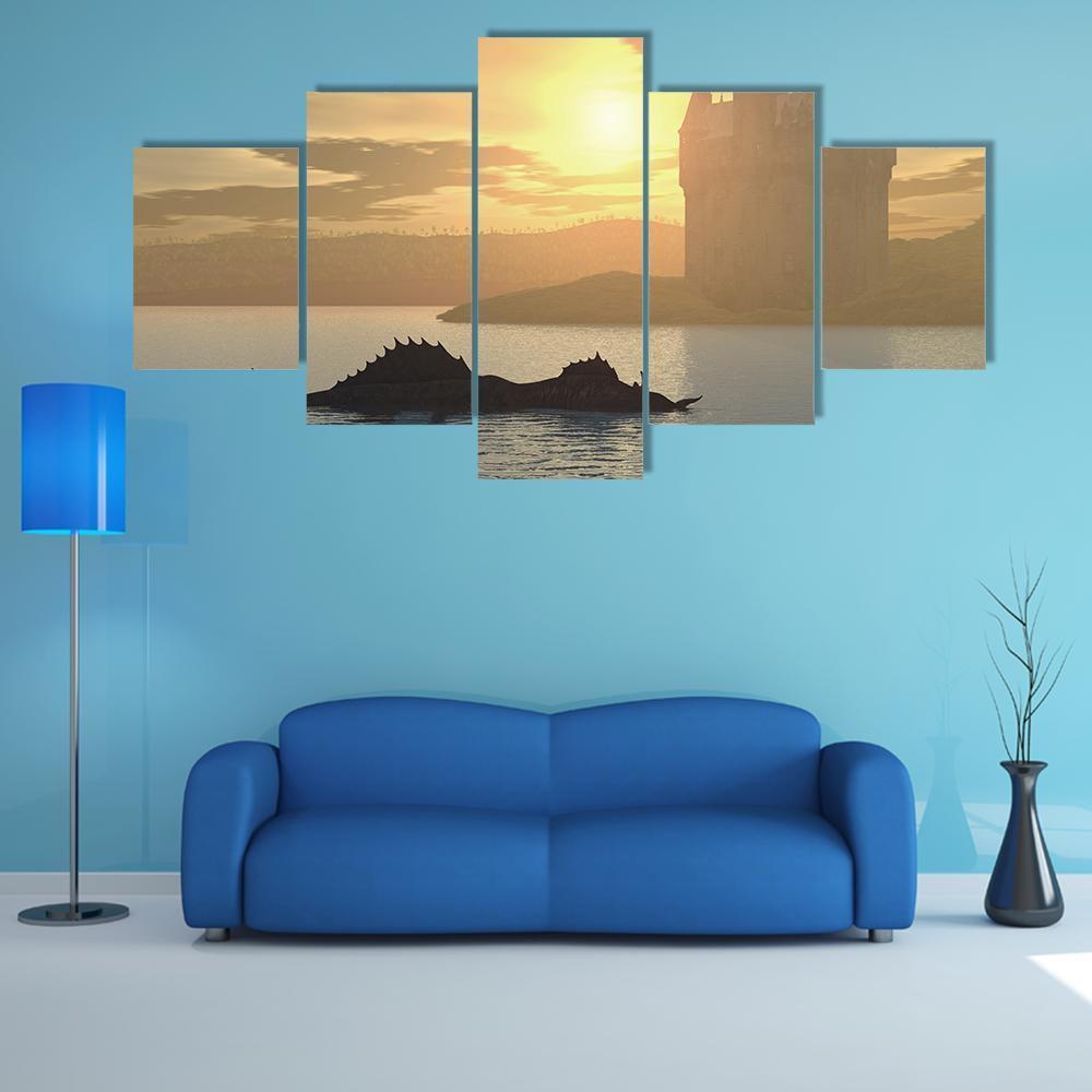 Loch Ness Monster & Castle Canvas Wall Art-5 Star-Gallery Wrap-62" x 32"-Tiaracle