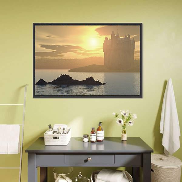 Loch Ness Monster & Castle Canvas Wall Art-1 Piece-Floating Frame-24" x 16"-Tiaracle