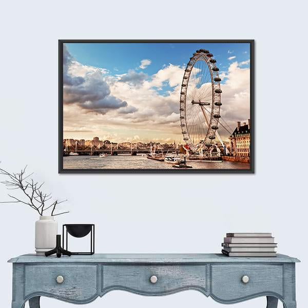 London Eye In Evening Canvas Wall Art-5 Horizontal-Gallery Wrap-22" x 12"-Tiaracle