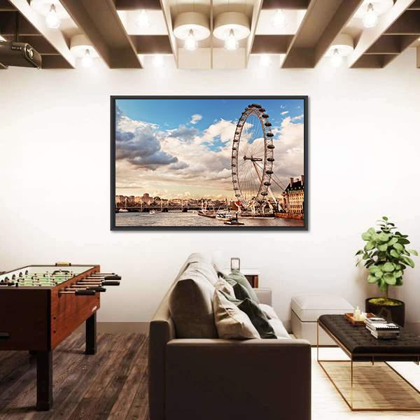 London Eye In Evening Canvas Wall Art-5 Horizontal-Gallery Wrap-22" x 12"-Tiaracle