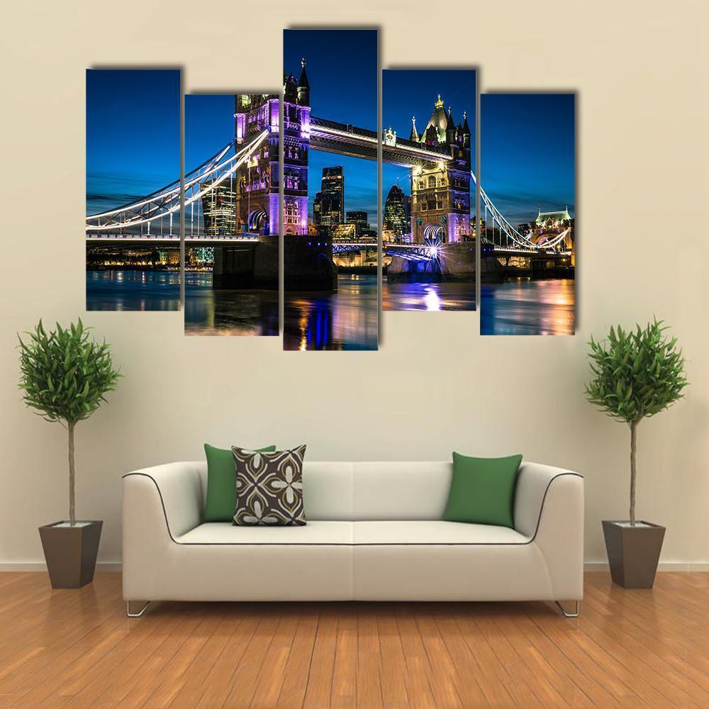 Tower Bridge At Night Canvas Wall Art-5 Pop-Gallery Wrap-47" x 32"-Tiaracle