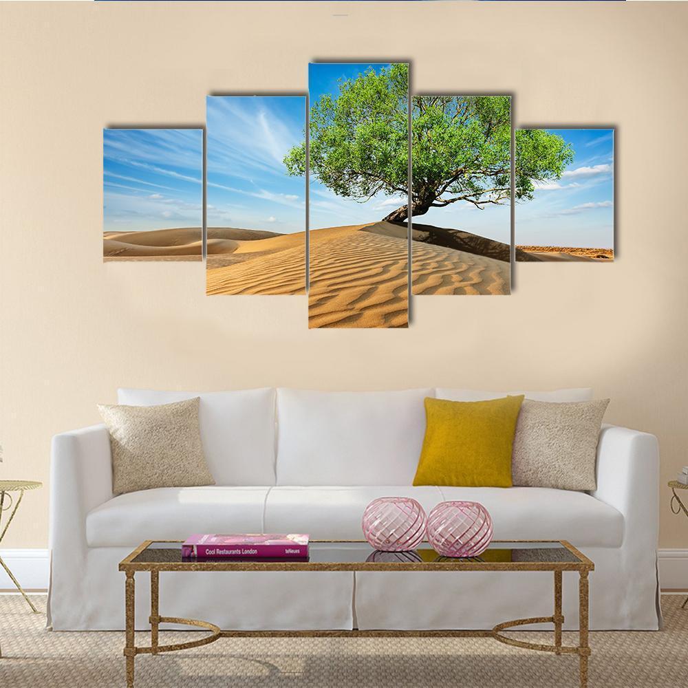 Green Tree In Desert Canvas Wall Art-5 Star-Gallery Wrap-62" x 32"-Tiaracle