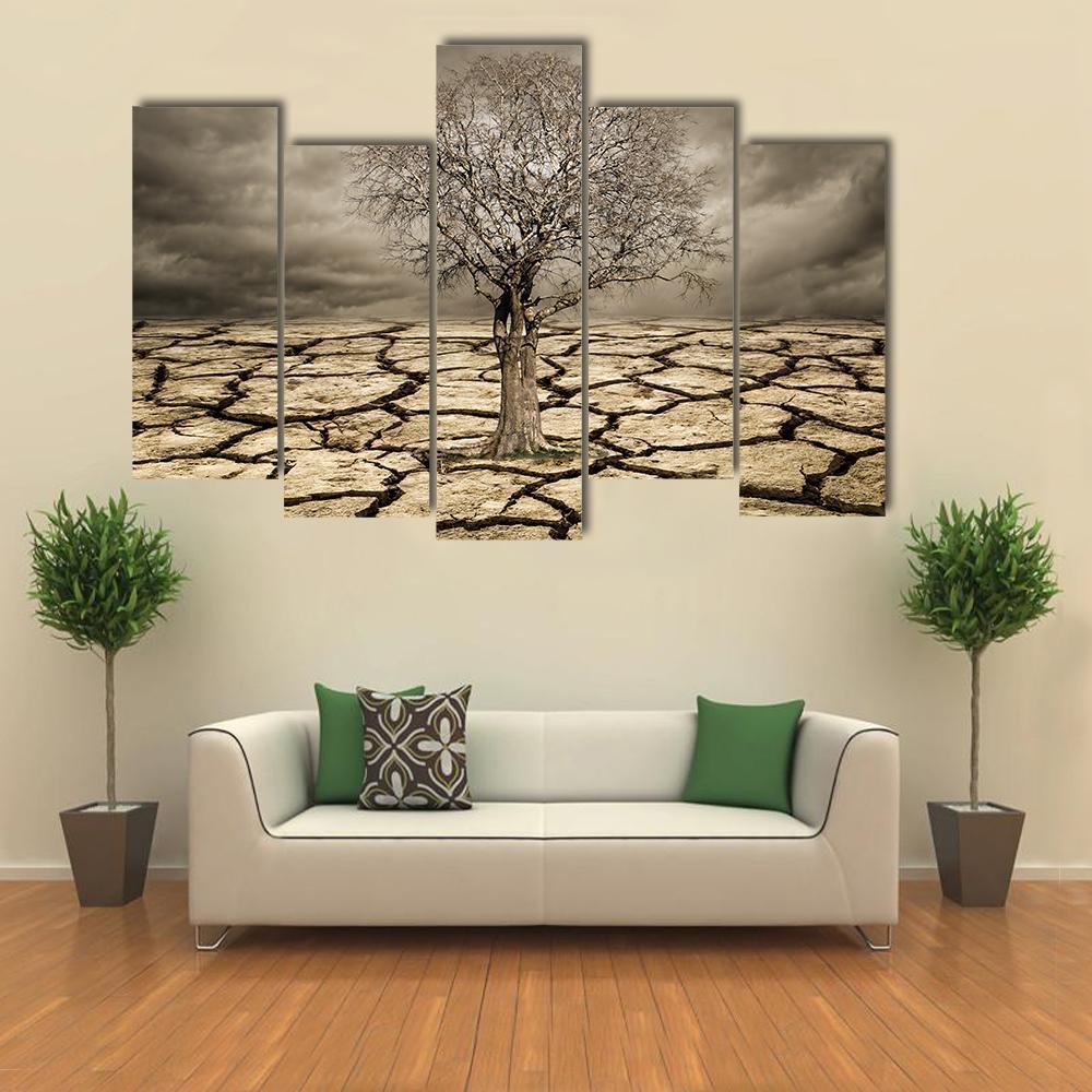 Tree On Cracked Mud Canvas Wall Art-5 Pop-Gallery Wrap-47" x 32"-Tiaracle