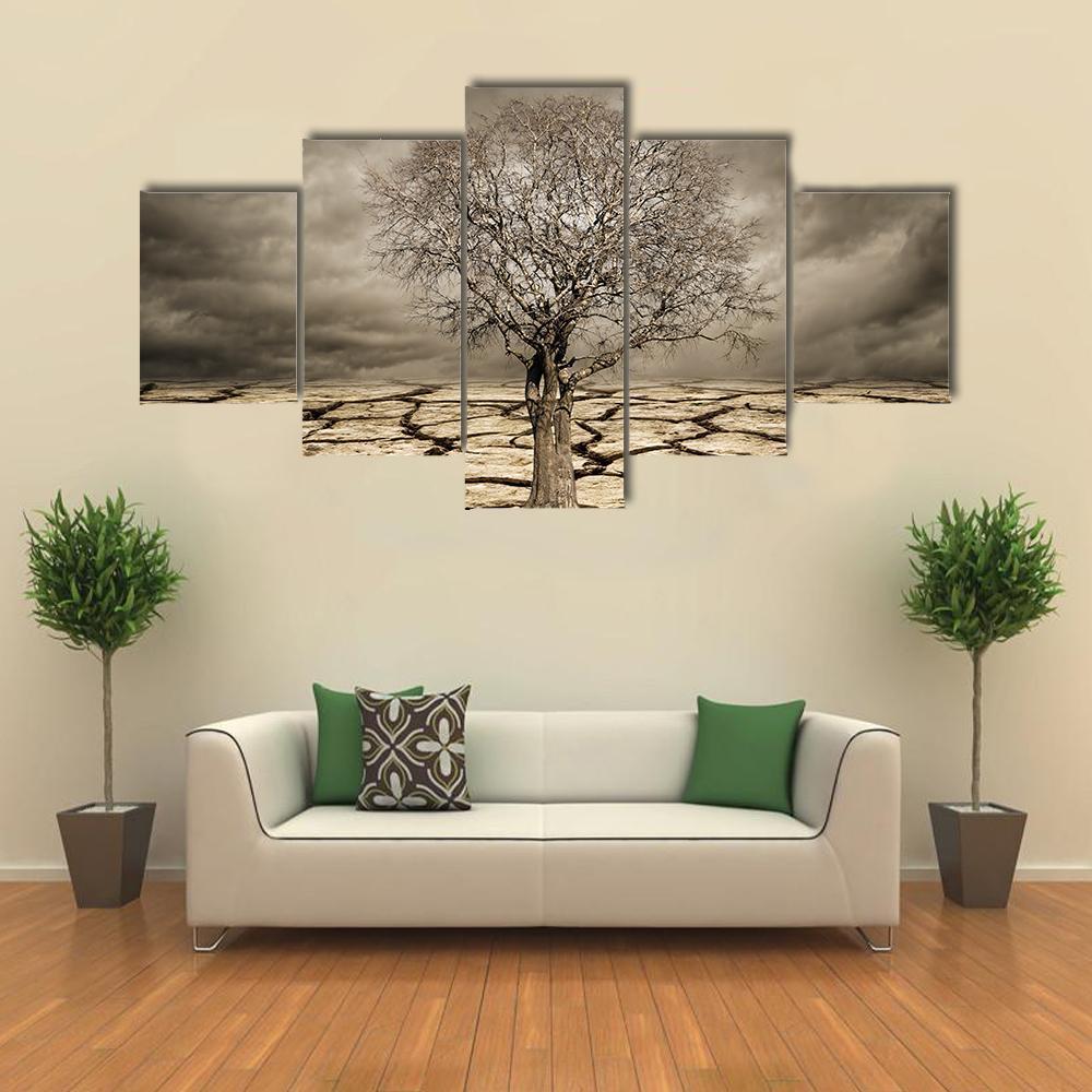 Tree On Cracked Mud Canvas Wall Art-5 Star-Gallery Wrap-62" x 32"-Tiaracle