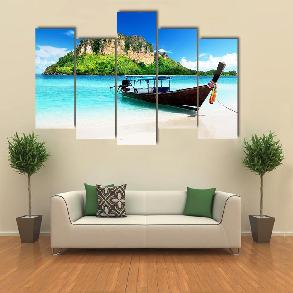 Boat On Poda Island Canvas Wall Art-5 Pop-Gallery Wrap-47" x 32"-Tiaracle