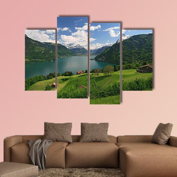 Farms With Lake Lucerne Canvas Wall Art-4 Pop-Gallery Wrap-50" x 32"-Tiaracle