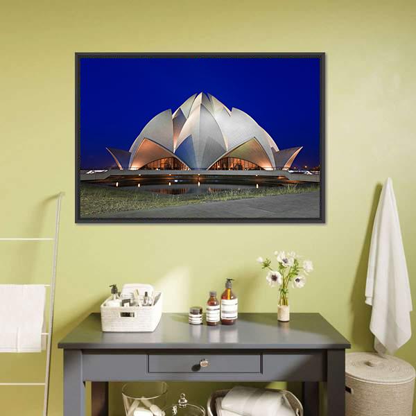 Lotus Temple At Evening Canvas Wall Art-1 Piece-Floating Frame-24" x 16"-Tiaracle