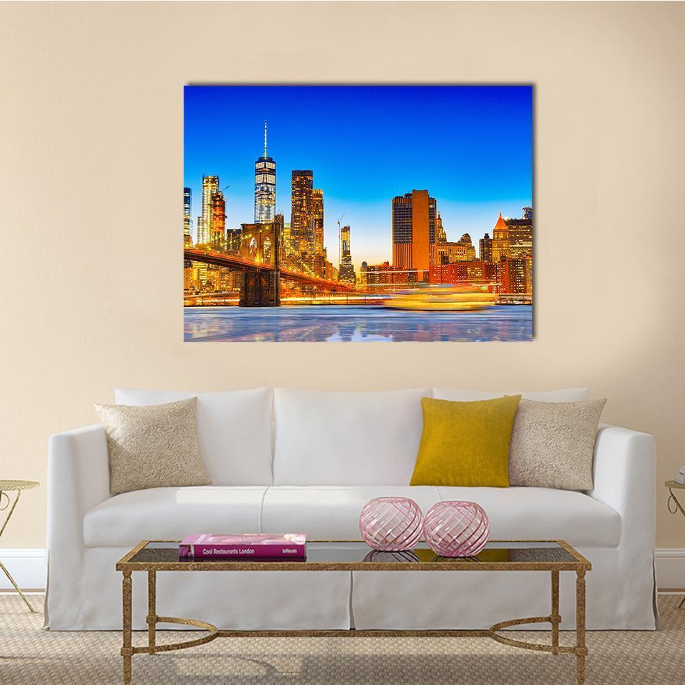 Lower Manhattan & Brooklyn Bridge Canvas Wall Art-1 Piece-Gallery Wrap-48" x 32"-Tiaracle
