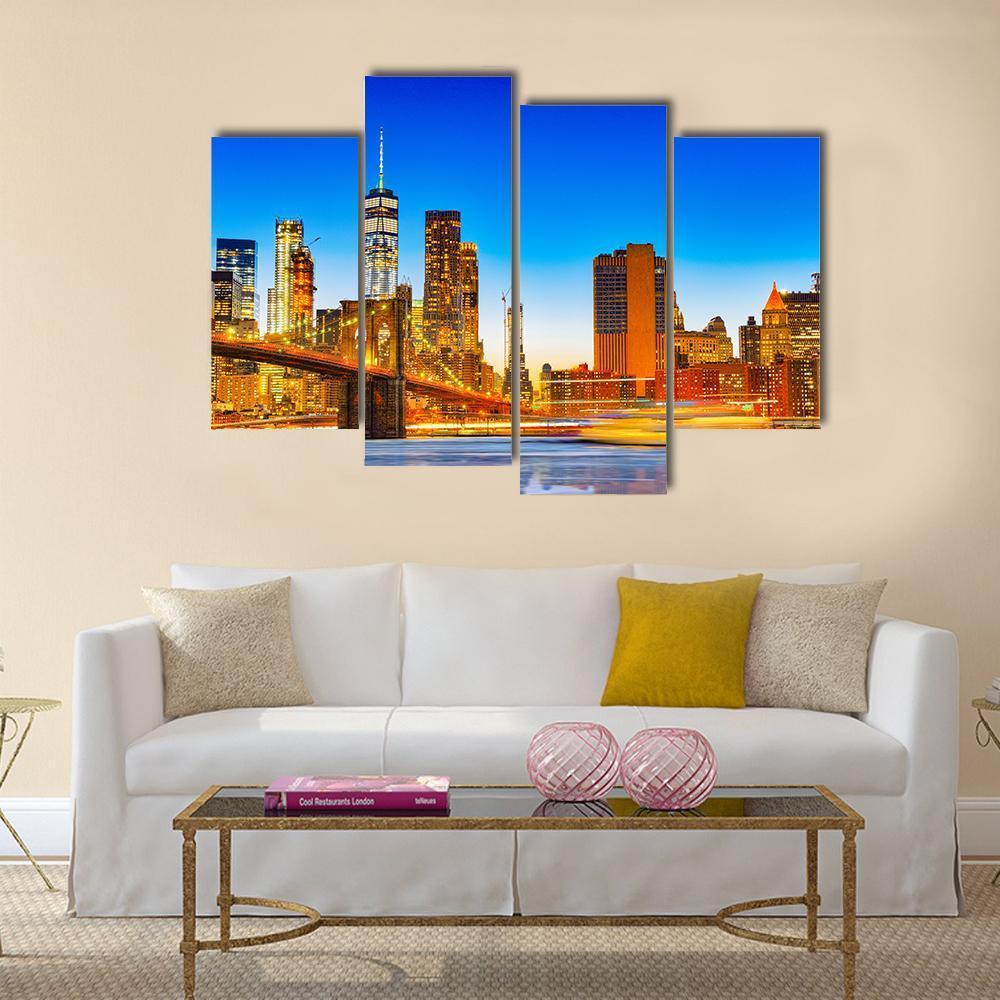 Lower Manhattan & Brooklyn Bridge Canvas Wall Art-4 Pop-Gallery Wrap-50" x 32"-Tiaracle