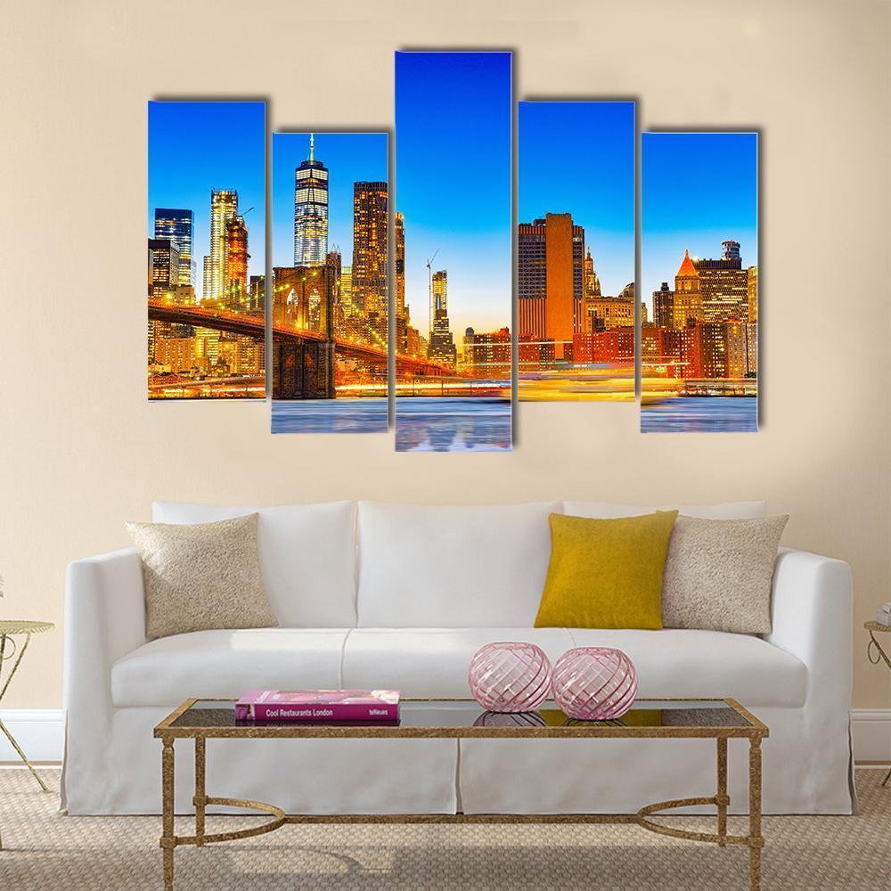 Lower Manhattan & Brooklyn Bridge Canvas Wall Art-5 Pop-Gallery Wrap-47" x 32"-Tiaracle