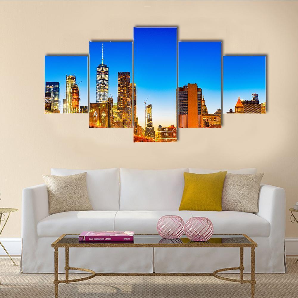 Lower Manhattan & Brooklyn Bridge Canvas Wall Art-5 Star-Gallery Wrap-62" x 32"-Tiaracle
