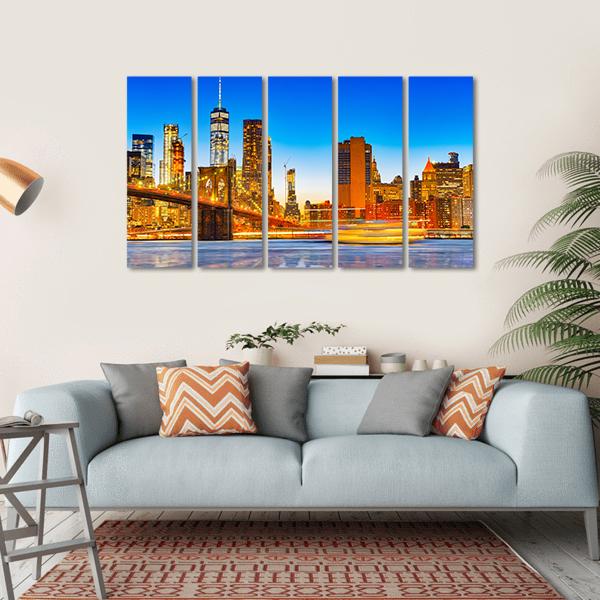 Lower Manhattan & Brooklyn Bridge Canvas Wall Art-5 Horizontal-Gallery Wrap-22" x 12"-Tiaracle